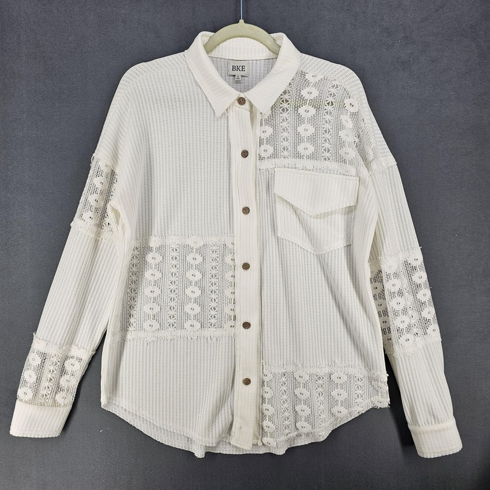 BKE Lace Waffle Shirt Womens Small White Button Up Tunic Long Sleeve 1966J
